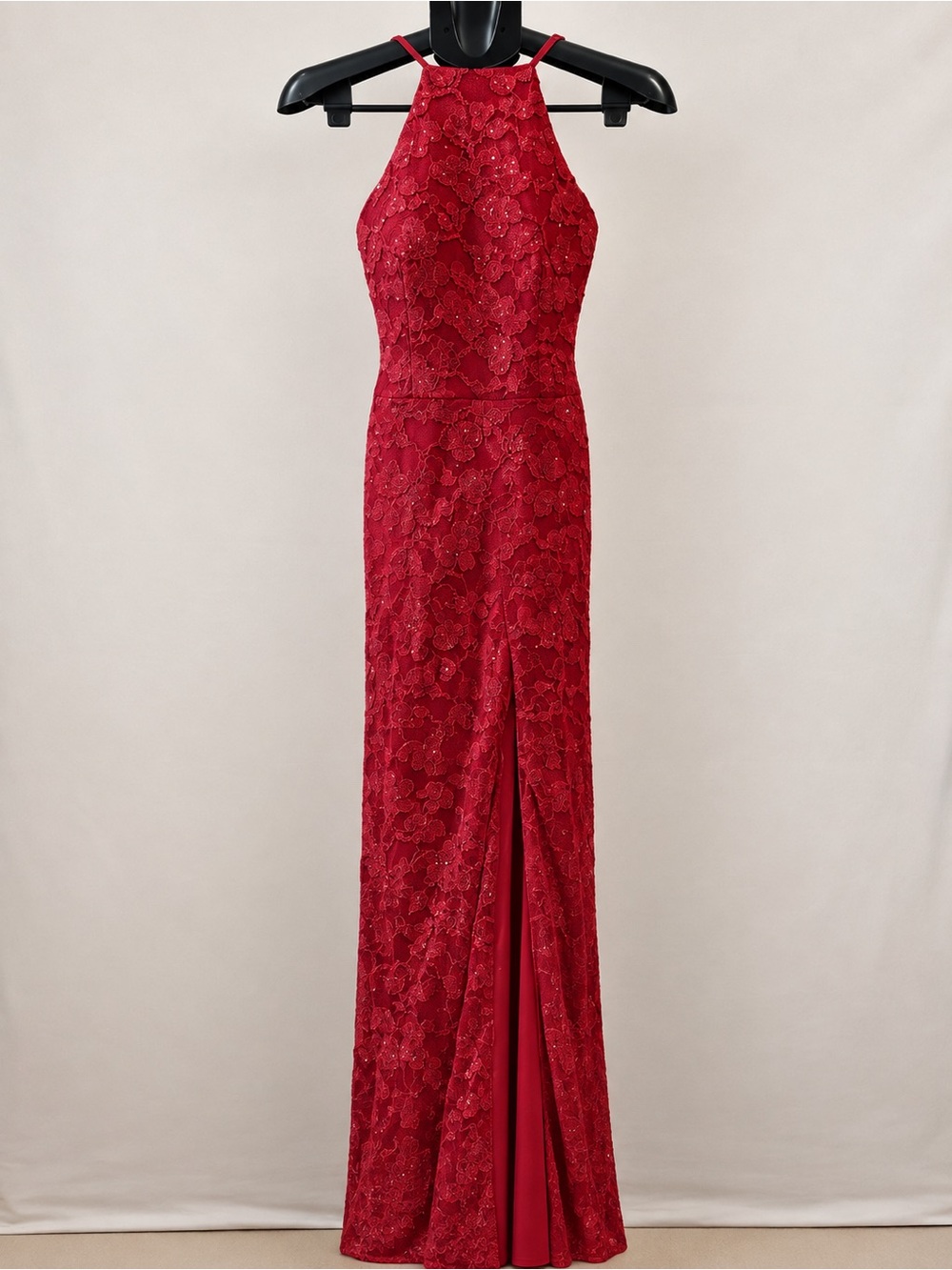 B Darlin Red Lace Halter Prom Gown